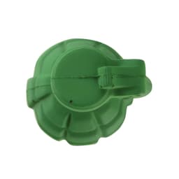 A green grenade-shaped stress reliever with a handle, featuring a textured surface and a round base.