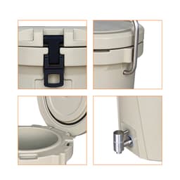 A light beige ice bucket featuring a secure latch, handle, and a faucet for easy dispensing. Includes a logo.