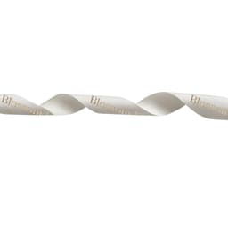 A satin polyester ribbon in white with a gold foil pattern, featuring a logo along its length.