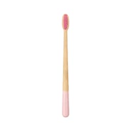 A large conical handle toothbrush with a pink bristle head and a wooden bamboo handle. It has a logo on the handle.