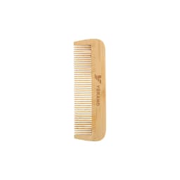 A fine-tooth bamboo comb in a natural finish with a logo on one side. The comb features evenly spaced teeth.