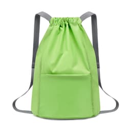 A green bucket drawstring backpack with adjustable grey straps and a front pocket. It features a simple, modern design.