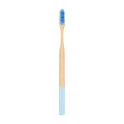 A large round handle toothbrush featuring a bamboo body and blue bristles with a blue bottom section.