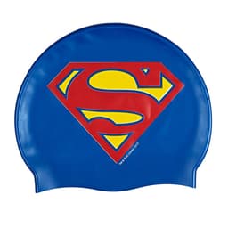 A blue swimming cap featuring a large red and yellow logo with an emblem. It has a smooth surface and rounded shape.