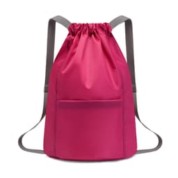 A pink bucket drawstring backpack featuring a front pocket and grey straps, with a branded logo.