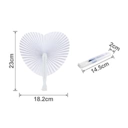 A heart-shaped plastic paper fan in white, measuring 23cm tall and 18.2cm wide, with a small transparent handle.