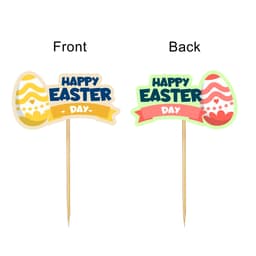A pack of 100 custom-coated paper toothpicks featuring colourful Easter designs on both sides.