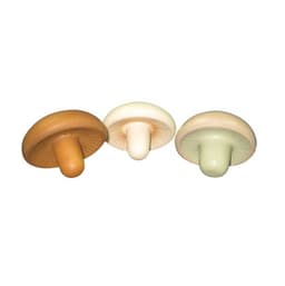 A set of three mushroom-shaped stress relievers in brown, white, and light green. Each features a soft, squishy design.