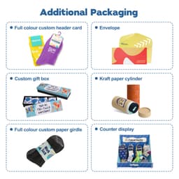A display of various packaging options for custom socks, including a gift box, envelope, and kraft paper cylinder.