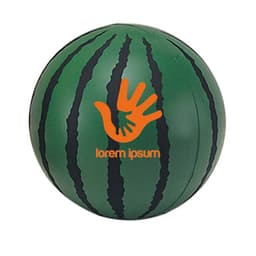A green watermelon-shaped stress reliever with black stripes and a logo in orange.