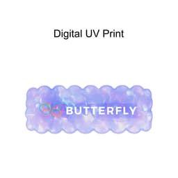 A wavy rectangle hair clip in iridescent hues, featuring a logo and a smooth, glossy finish.