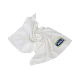 A white gym towel is folded and arranged, featuring a logo on one corner.