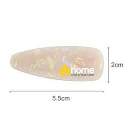 A translucent acetate hair alligator clip in a pearlescent finish, featuring a logo. Dimensions are 5.5 cm by 2 cm.