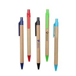 A collection of five plastic pens with kraft paper barrels in blue, black, red, green, and aqua colours, featuring logos.