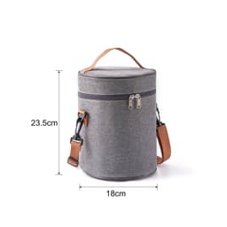 A cylindrical lunch bag in grey fabric, featuring a zip closure and a detachable shoulder strap. It has a handle for easy carrying.