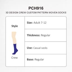 A pair of purple crew socks, designed with a custom pattern, presented with product details and a logo.