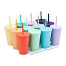 A collection of 16oz matte plastic cups in various pastel colours, each with a lid and straw, displayed in a group.