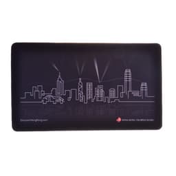 A black mouse mat featuring a skyline design in white outline, with a logo in the corner.