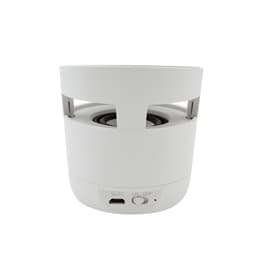 A white cylindrical Bluetooth speaker with a wireless charging base, featuring a USB port and an on/off switch.