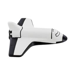 A white and black shuttle-shaped stress reliever with a logo on its surface.
