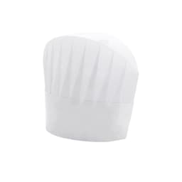 A white disposable non-woven chef hat with pleated design, measuring 23cm in height. Features a logo.