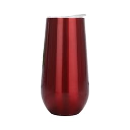 A drink bottle in a shiny red finish, featuring a clear lid, designed for beverages. It has a branded logo.