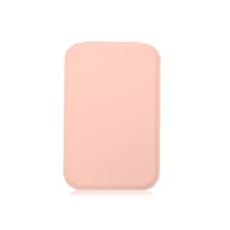 A portable mini mirror in a soft pink colour with a smooth, rectangular design and a subtle logo.