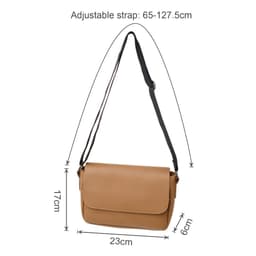 A tan polyurethane shoulder bag with an adjustable strap, featuring specified dimensions of 23cm x 6cm x 17cm.