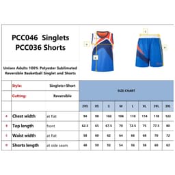 A reversible basketball singlet and shorts in blue with orange accents, featuring a size chart and measurements.
