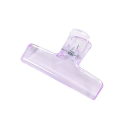 A translucent purple plastic clip with a spring mechanism for securing items.