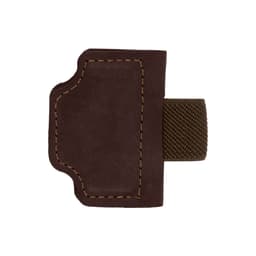 A magnetic bookmark with a pen clip, featuring a brown fabric cover and a textured strap. It has a logo.