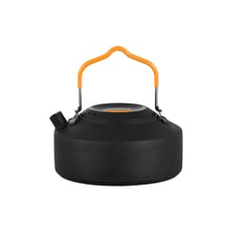 A black camping kettle with an orange handle and spout, designed for coffee or tea preparation.