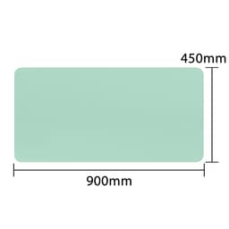 A mint green PU leather desk mat featuring rounded corners, with dimensions of 900mm by 450mm. It has a logo.