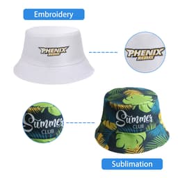 A white bucket hat with embroidery and a tropical print bucket hat with sublimation, both featuring logos.
