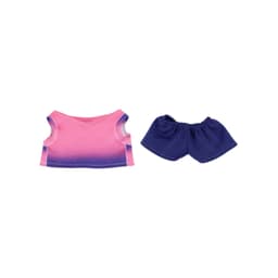 A pink and purple gradient top with a matching pair of navy shorts for 15–17cm dolls, featuring a logo.