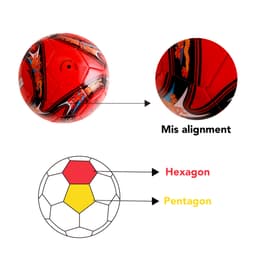 A red promotional soccer ball featuring hexagonal and pentagonal panels, with a logo visible on the surface.