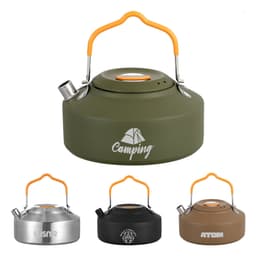 A camping kettle in green with an orange handle, featuring a spout and a logo, alongside two silver and black options.
