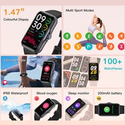 A 1.47-inch square smart band in black and white, featuring a colourful display and various sports modes.