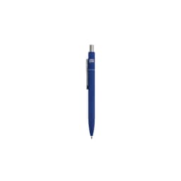 A blue metal ballpoint pen with a silver clip and a logo on the body.