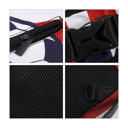 A crossbody bag featuring a colourful design with a black zipper, adjustable strap, and mesh detailing.