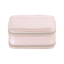 A pink PU leather jewellery case featuring a zip closure and a mirror inside. It has a simple, elegant design.
