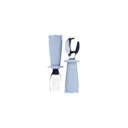 A blue silicone kids cutlery set featuring a fork and spoon with bear-shaped handles, each with a stainless steel utensil.