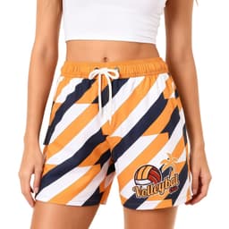 Women's board shorts in orange, navy, and white with a drawstring, pocket, and logo.