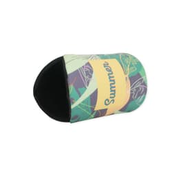 A drink bottle holder in green and yellow with a tropical pattern and a logo. It has a rounded edge design.