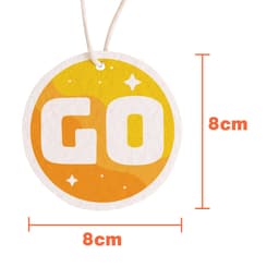 A circular tag featuring bold white text with the word "GO", coloured in a gradient of yellow and orange.
