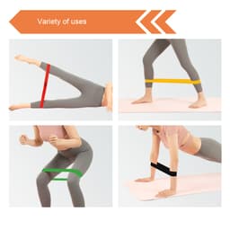 A set of four fitness resistance bands in red, yellow, green, and black, demonstrating various exercises against a light background.