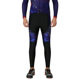 Men's sublimated cycling tights in a combination of black and a cosmic pattern with purple accents, featuring a logo.