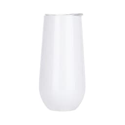 A drink bottle in clear, frosted glass design with a metallic rim, featuring a logo on one side.