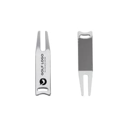 A silver golf divot tool with a logo, featuring a two-pronged design for repairing greens.