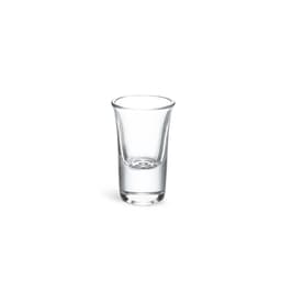 A clear glass shot glass with a tapered shape, designed for serving drinks, presented individually.